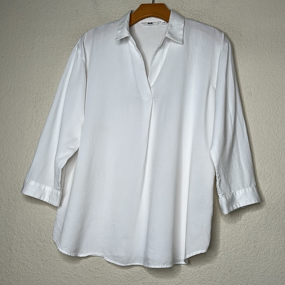 Uniqlo Minimalist Popover 3/4 Sleeve Top White Size Large Preppy Classic Capsule - Picture 4 of 7